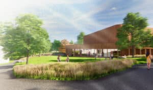 2148 Doris Duke Theatre on the Jacobs Pillow 2023 01 24 LA Rendering Sculpted Berm South Entrance